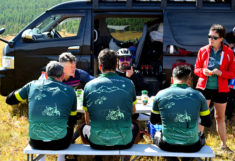 Snack break during cycling tour in Mongolia